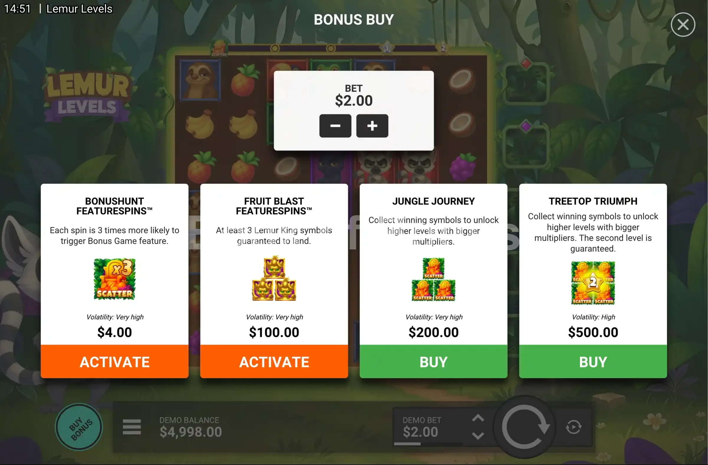 Lemur Levels par Hacksaw Gaming - menu d'achat de bonus et options