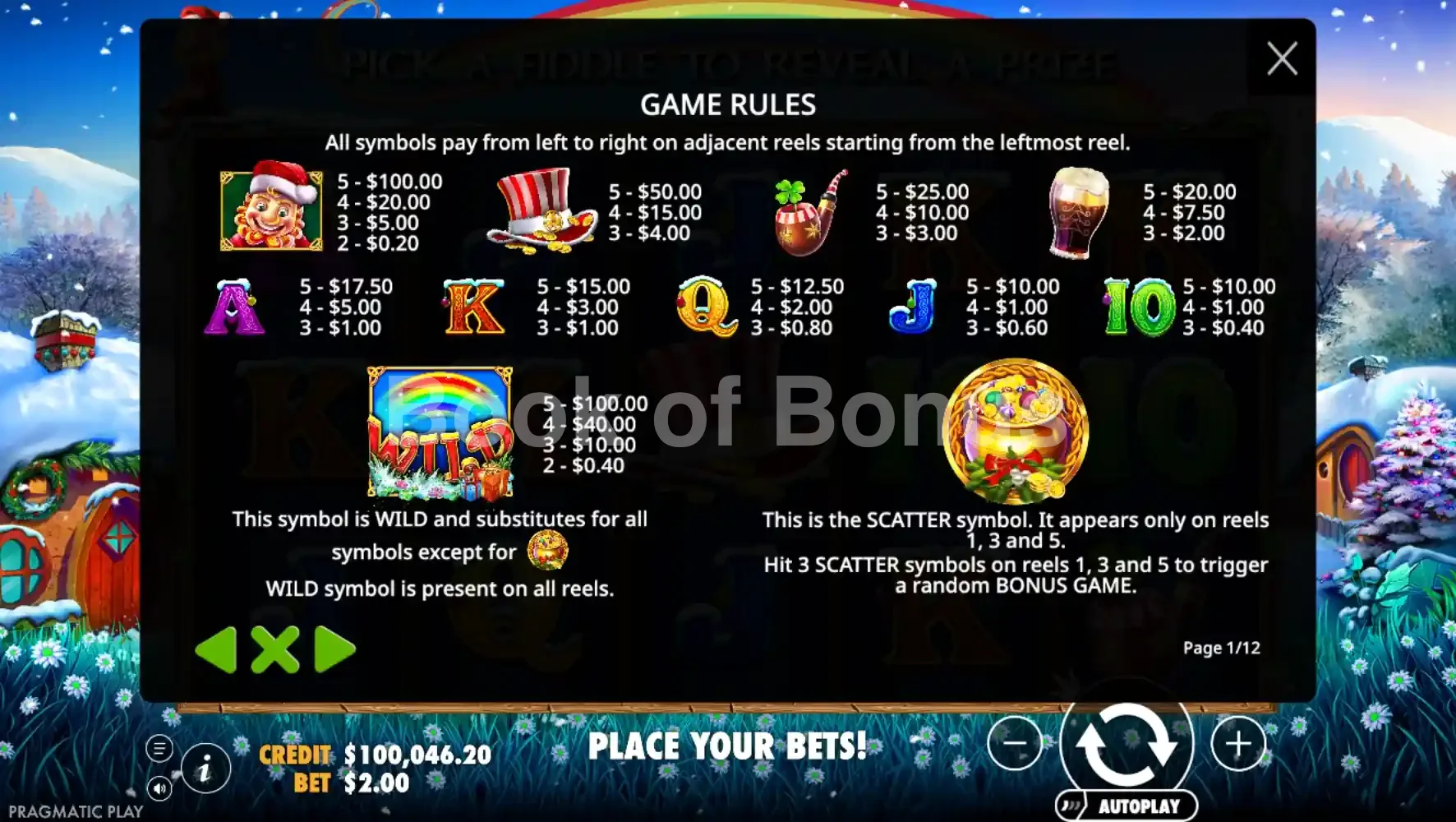 Leprechaun Carol par Pragmatic Play - table des gains et valeurs des symboles