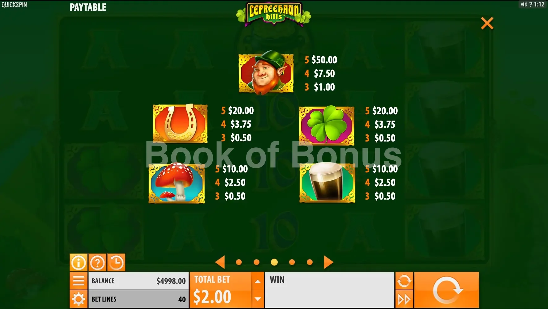 Leprechaun Hills par Quickspin - table des gains et valeurs des symboles