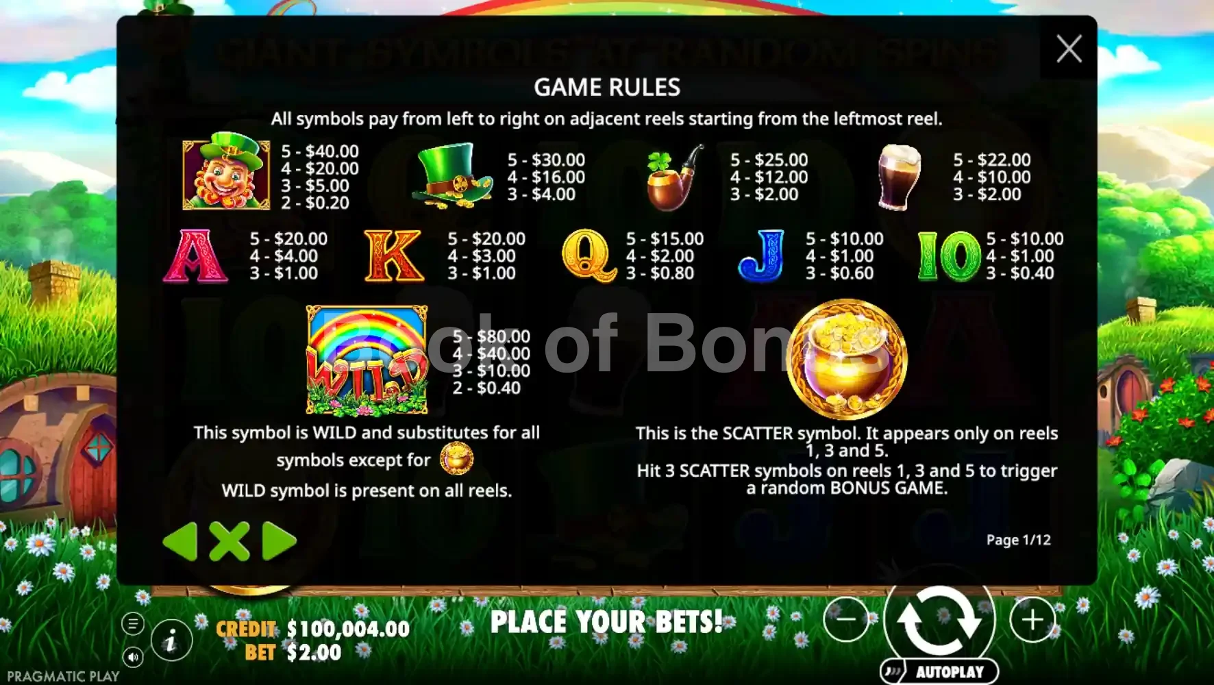 Leprechaun Song par Pragmatic Play - table des gains et valeurs des symboles