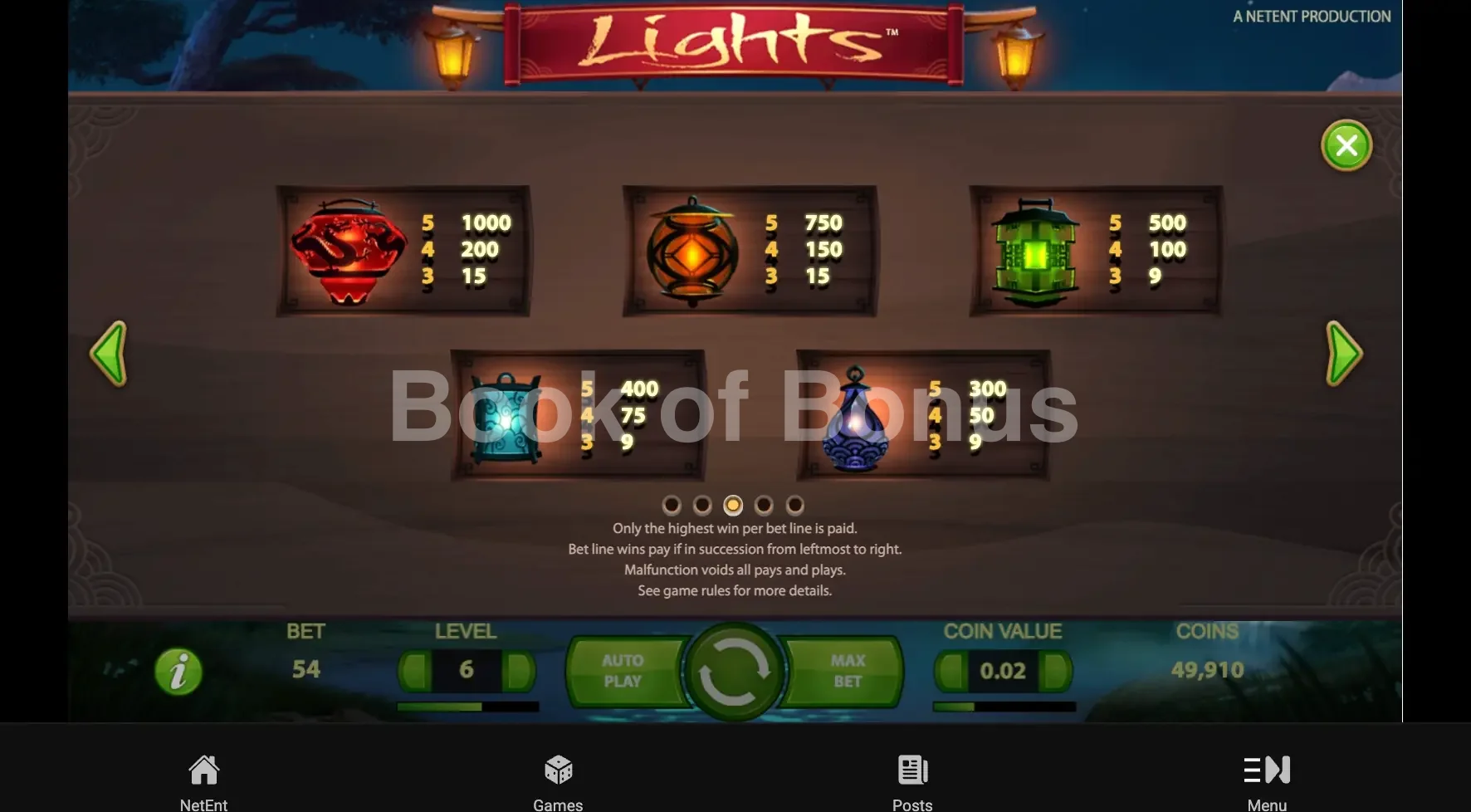 Lights par NetEnt - table des gains et valeurs des symboles