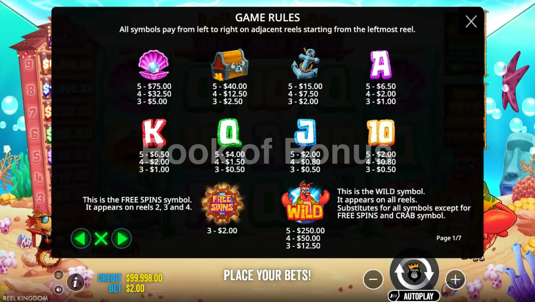 Lobster Bob's Crazy Crab Shack par Pragmatic Play - table des gains et valeurs des symboles