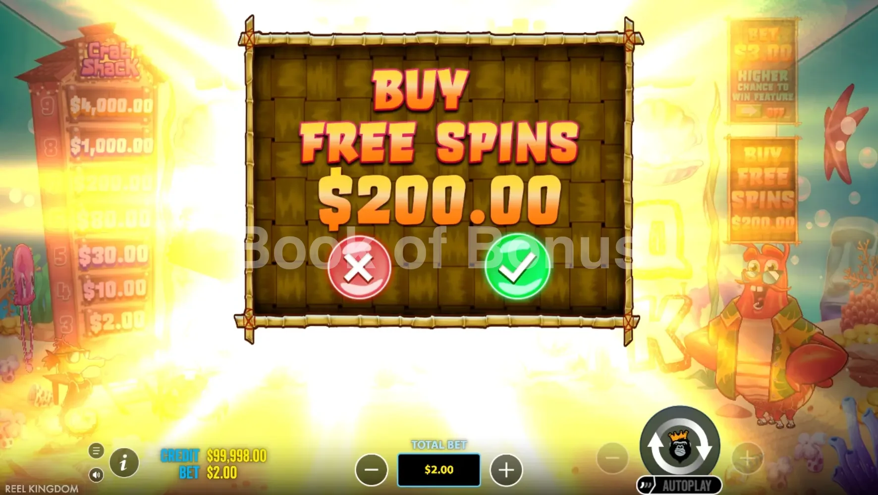 Lobster Bob's Crazy Crab Shack par Pragmatic Play - menu d'achat de bonus et options