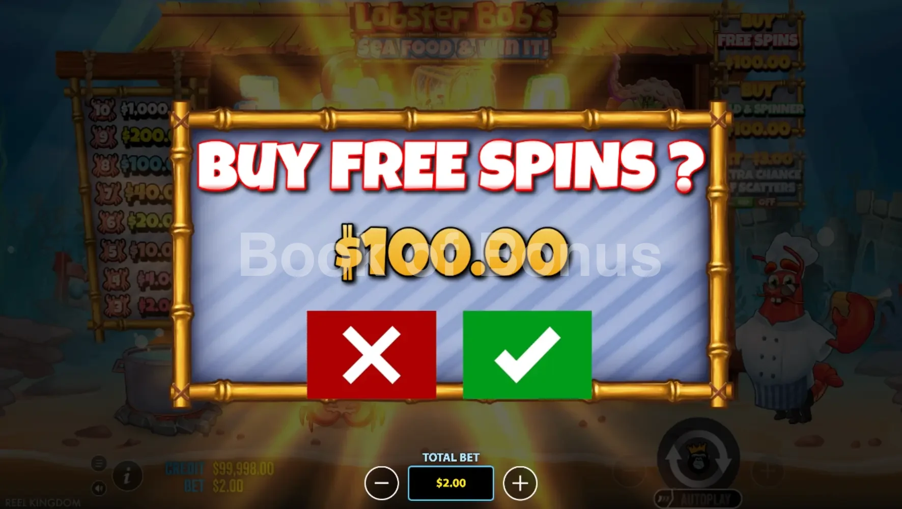 Lobster Bob's Sea Food and Win It par Pragmatic Play - menu d'achat de bonus et options