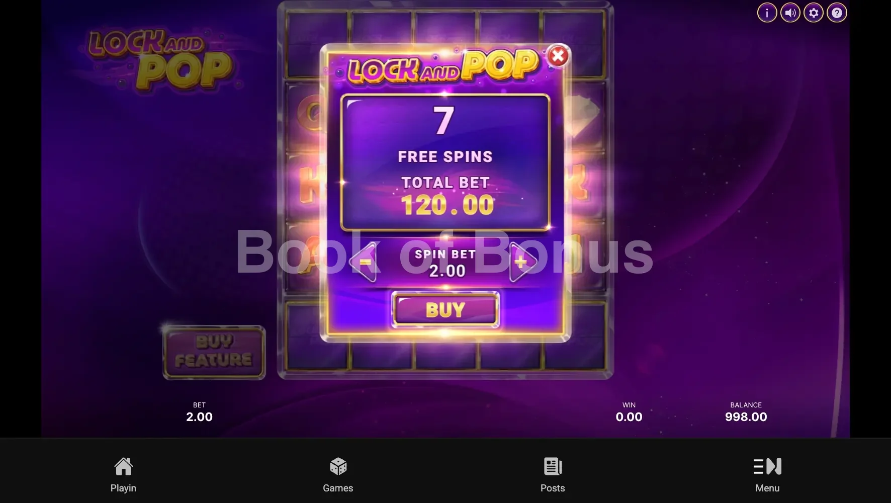 Lock and Pop par NetEnt - menu d'achat de bonus et options