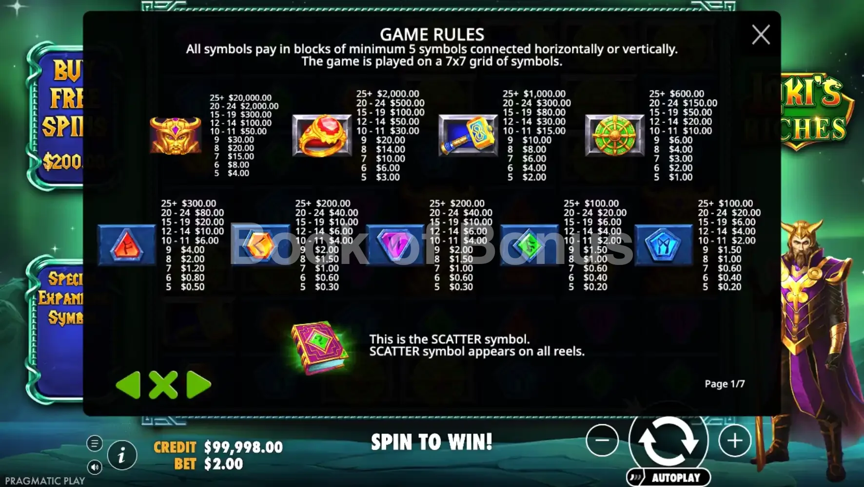 Loki's Riches par Pragmatic Play - table des gains et valeurs des symboles