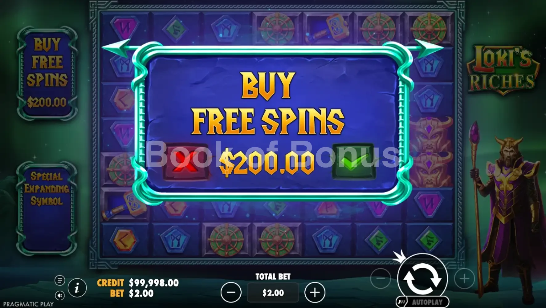 Loki's Riches par Pragmatic Play - menu d'achat de bonus et options