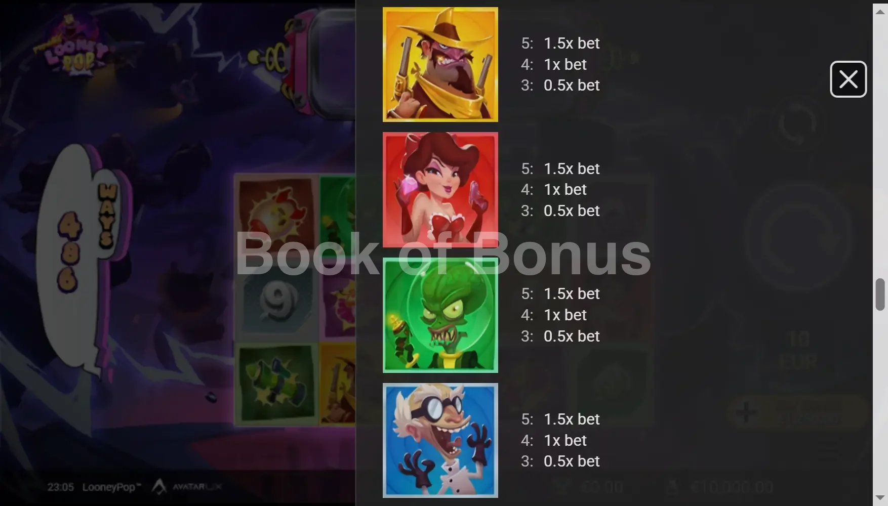 LooneyPop par Avatar UX - table des gains et valeurs des symboles