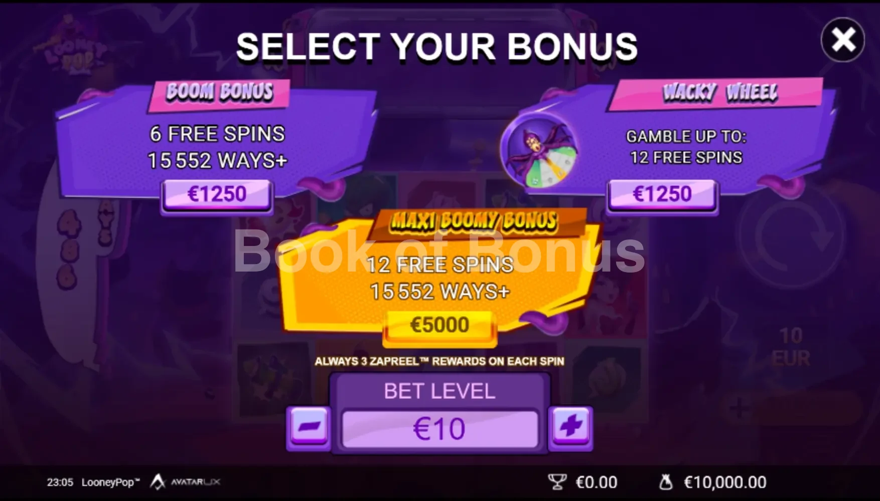LooneyPop par Avatar UX - menu d'achat de bonus et options