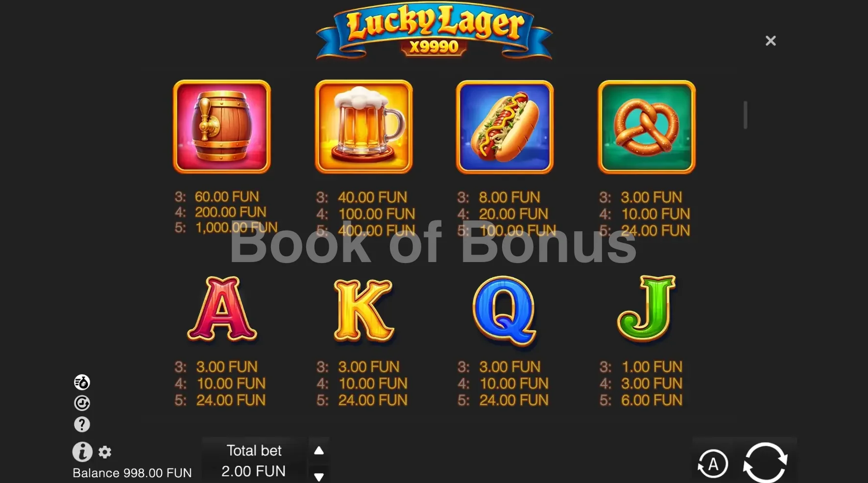 Lucky Lager X9990 par BGaming - table des gains et valeurs des symboles