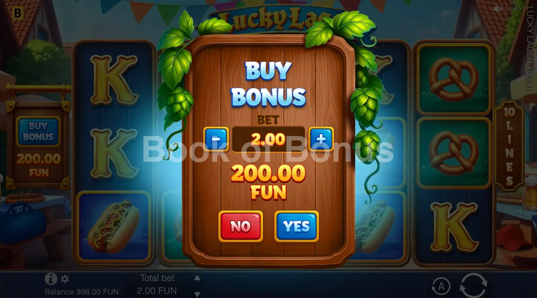 Lucky Lager X9990 par BGaming - menu d'achat de bonus et options