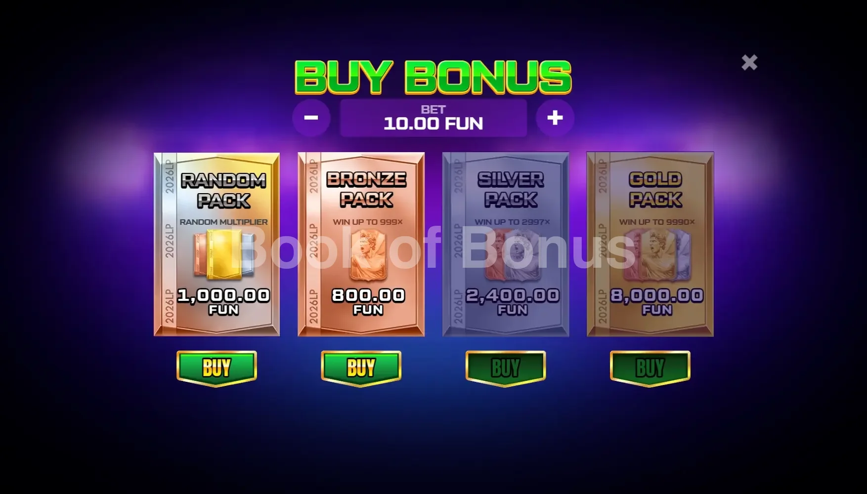 Lucky Pack 2026 Cup par BGaming - menu d'achat de bonus et options