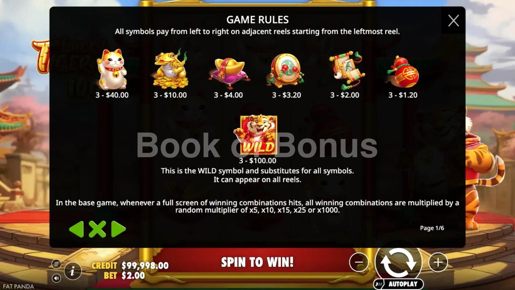 Lucky Tiger 1000 par Pragmatic Play - table des gains et valeurs des symboles