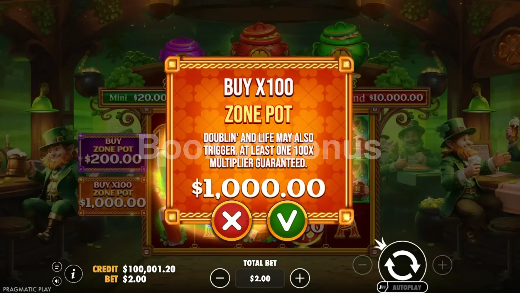 Lucky’s Wild Pub 2 par Pragmatic Play - menu d'achat de bonus et options