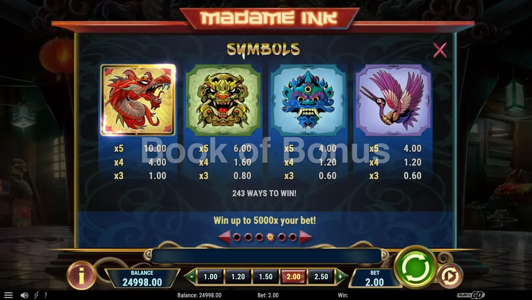 Madame Ink par Play'n GO - table des gains et valeurs des symboles