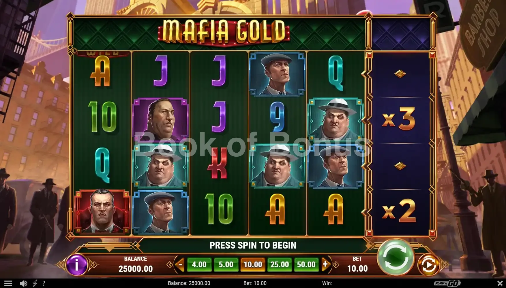 Mafia Gold par Play'n GO - jeu de base et disposition des rouleaux