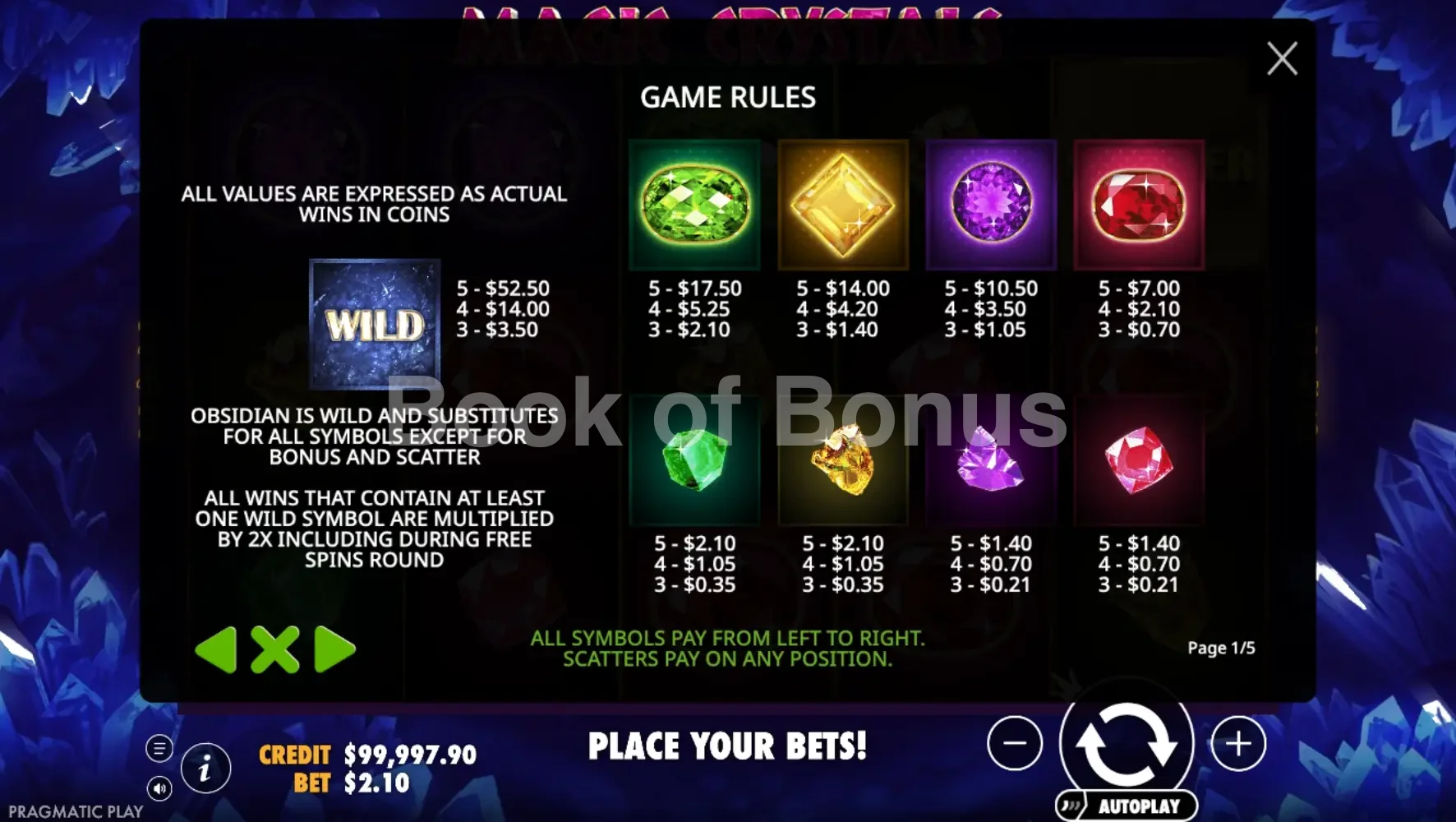 Tableau des gains Magic Crystals