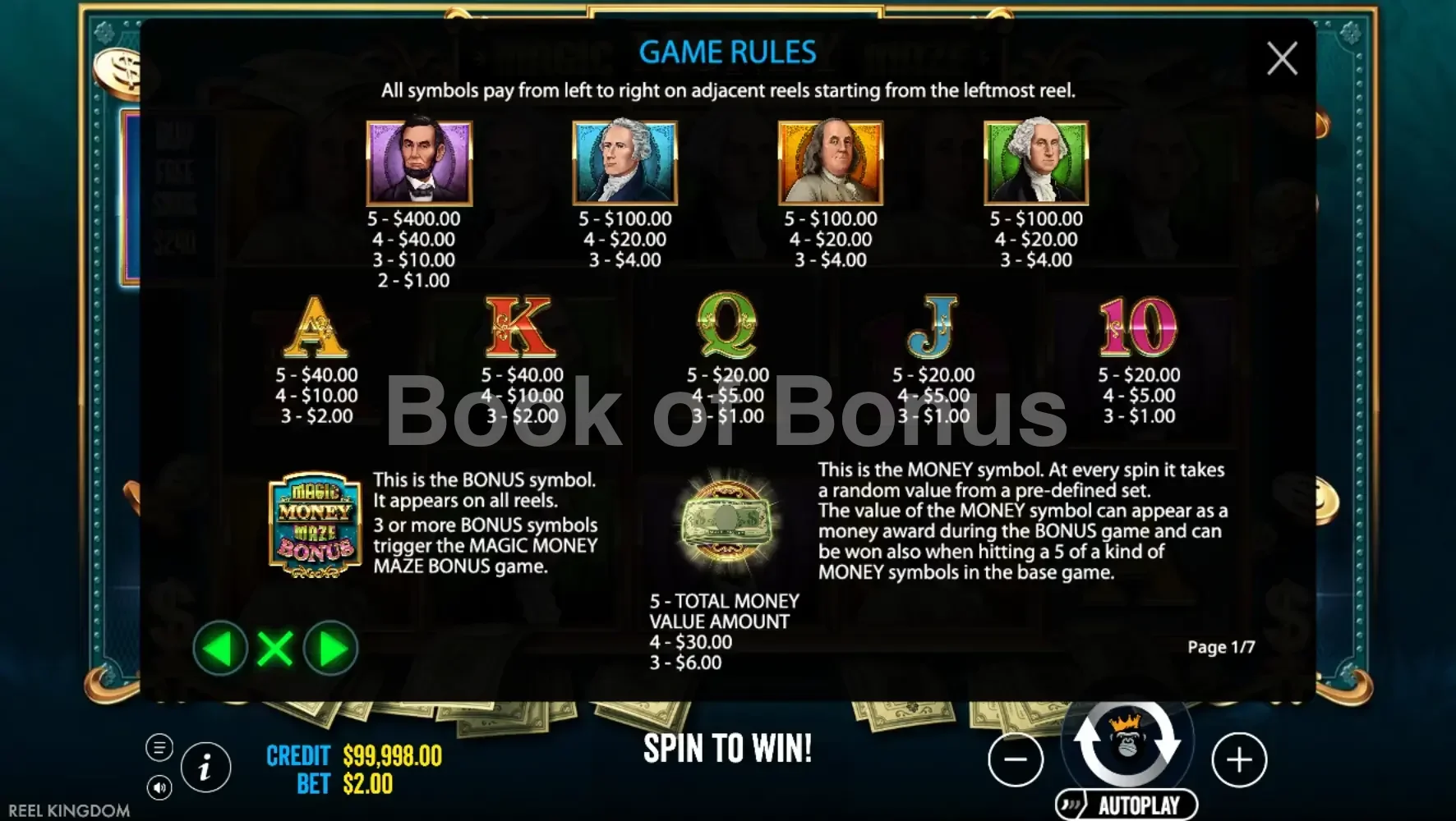 Magic Money Maze par Reel Kingdom - table des gains et valeurs des symboles