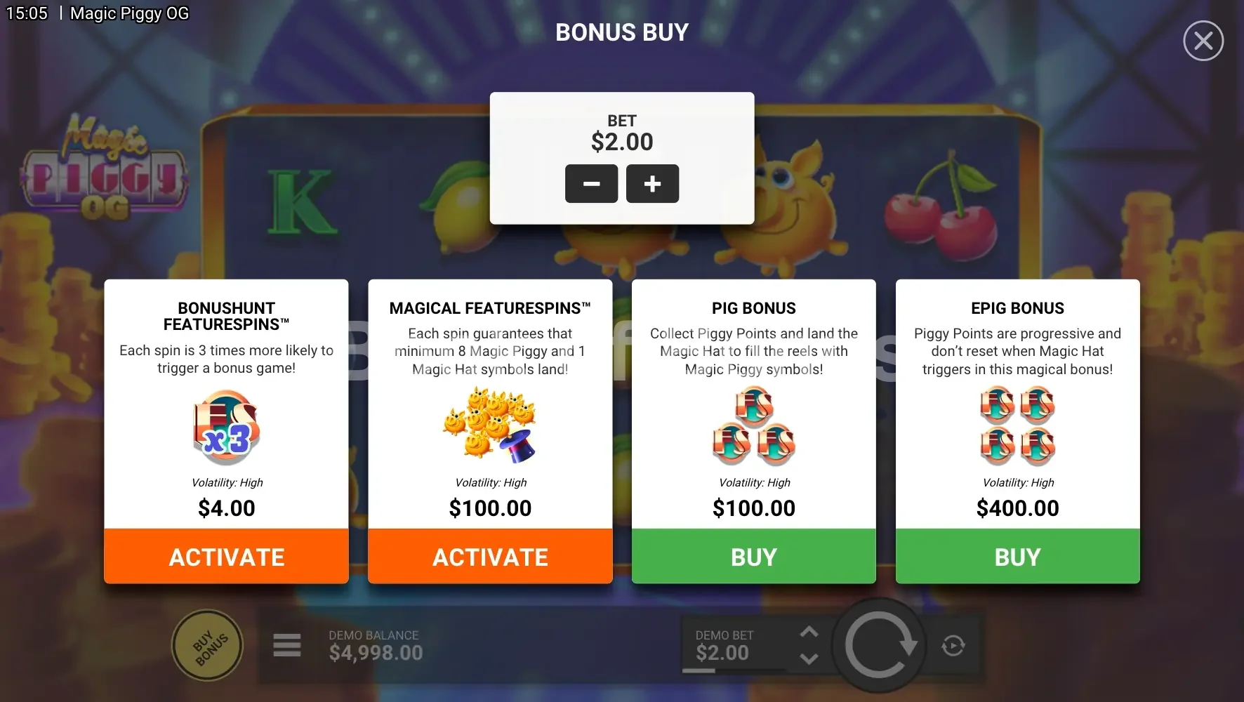 Magic Piggy OG par Hacksaw Gaming - menu d'achat de bonus et options