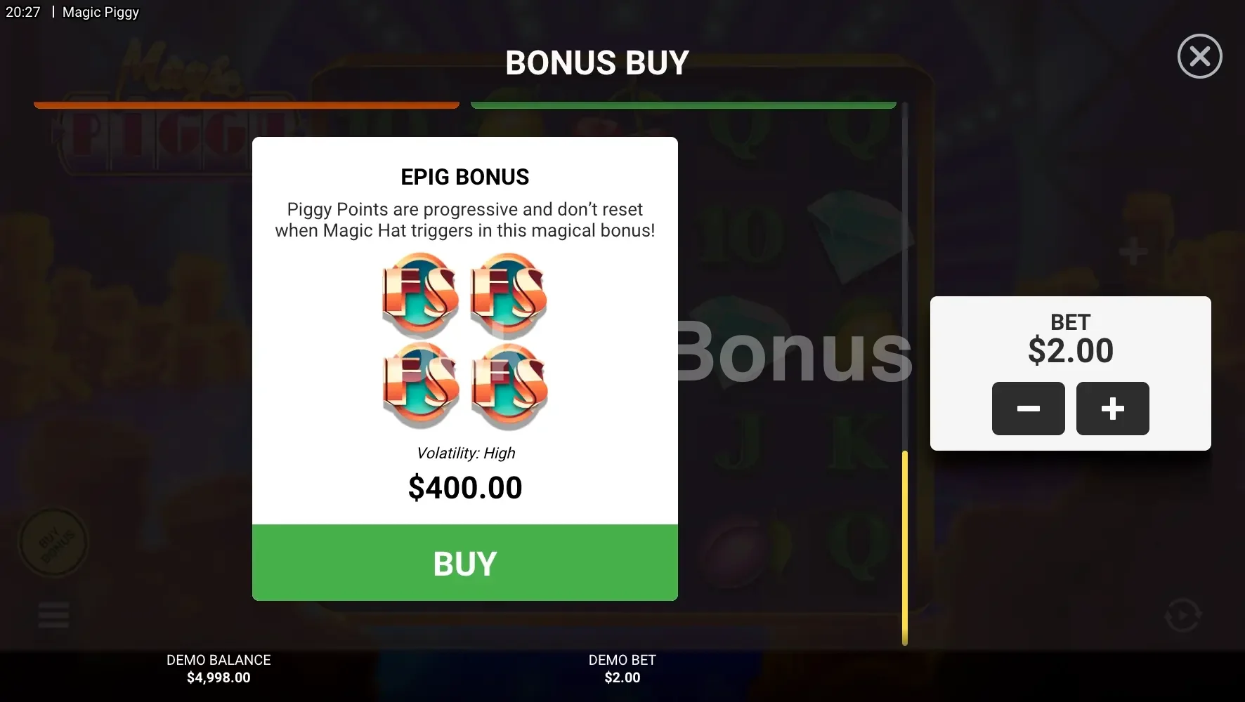 Magic Piggy par Hacksaw Gaming - menu d'achat de bonus et options
