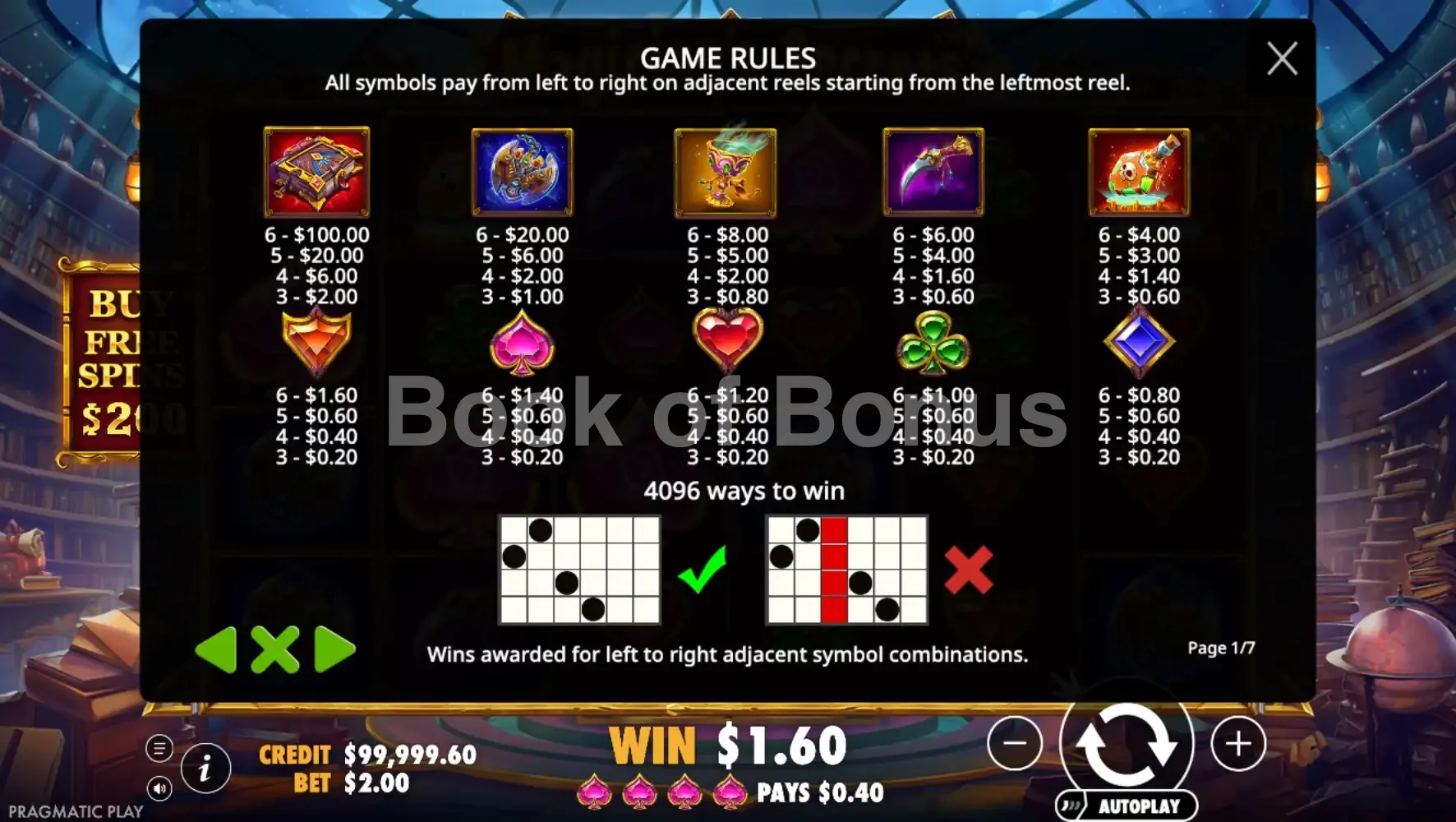 Magician's Secrets par Pragmatic Play - table des gains et valeurs des symboles