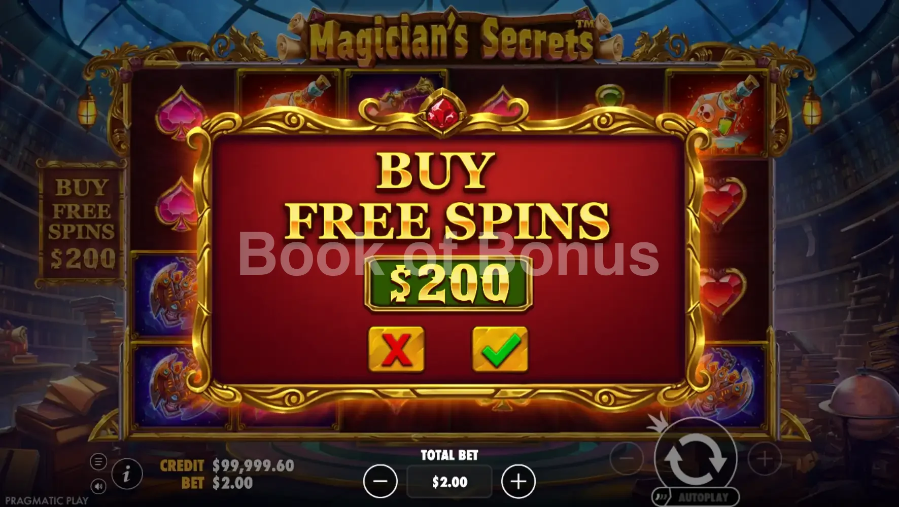 Magician's Secrets par Pragmatic Play - menu d'achat de bonus et options