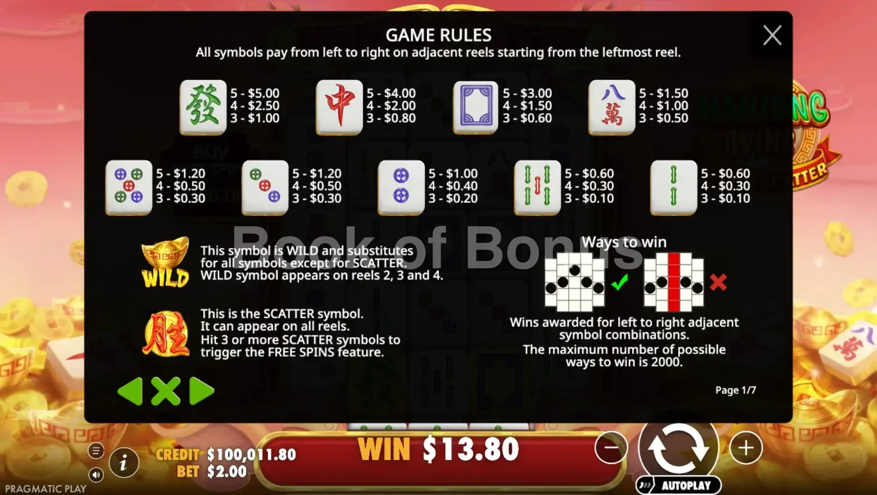 Table des gains Mahjong Wins Super Scatter