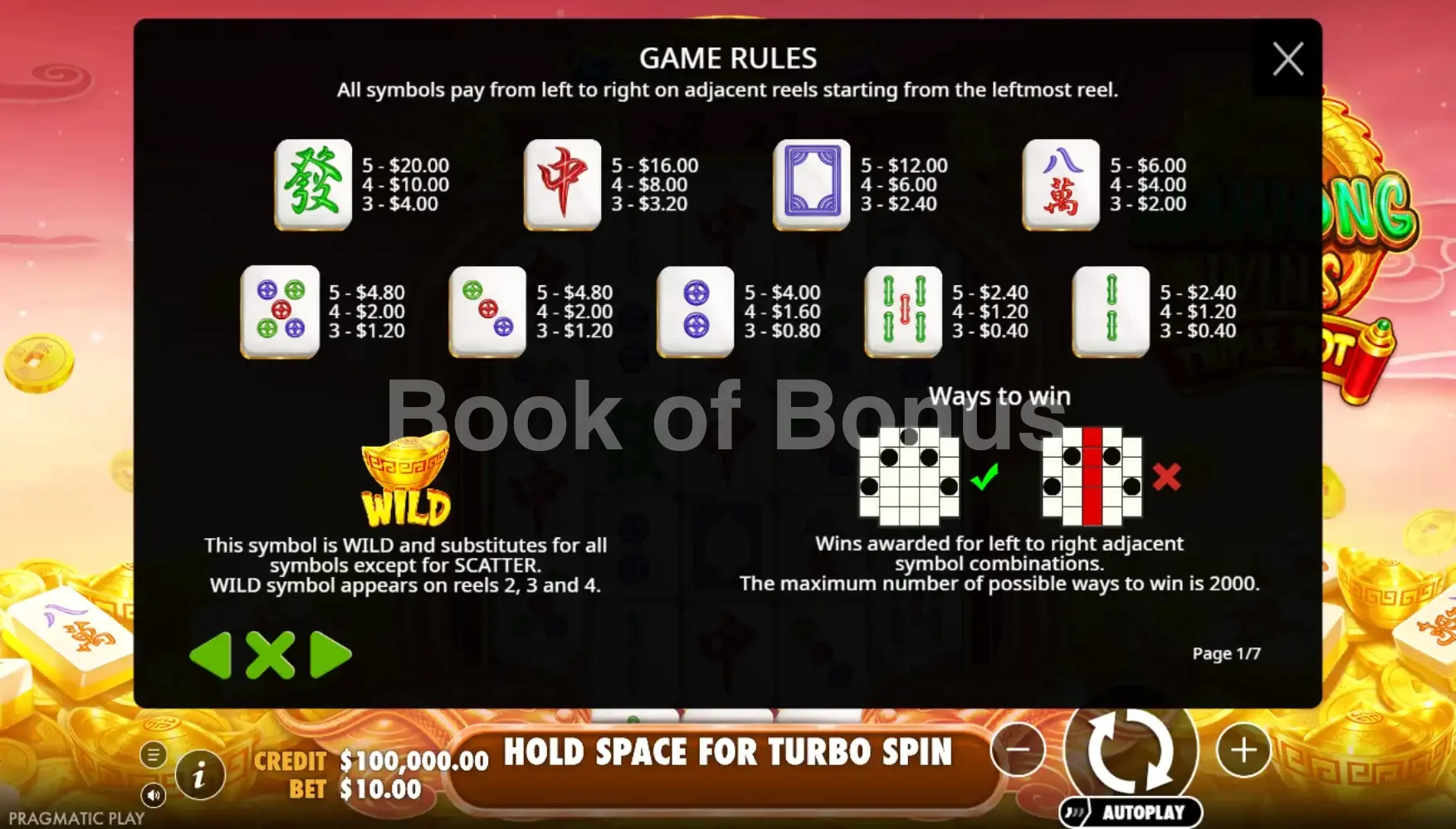 Mahjong Wins Triple Pot par Pragmatic Play - table des gains et valeurs des symboles
