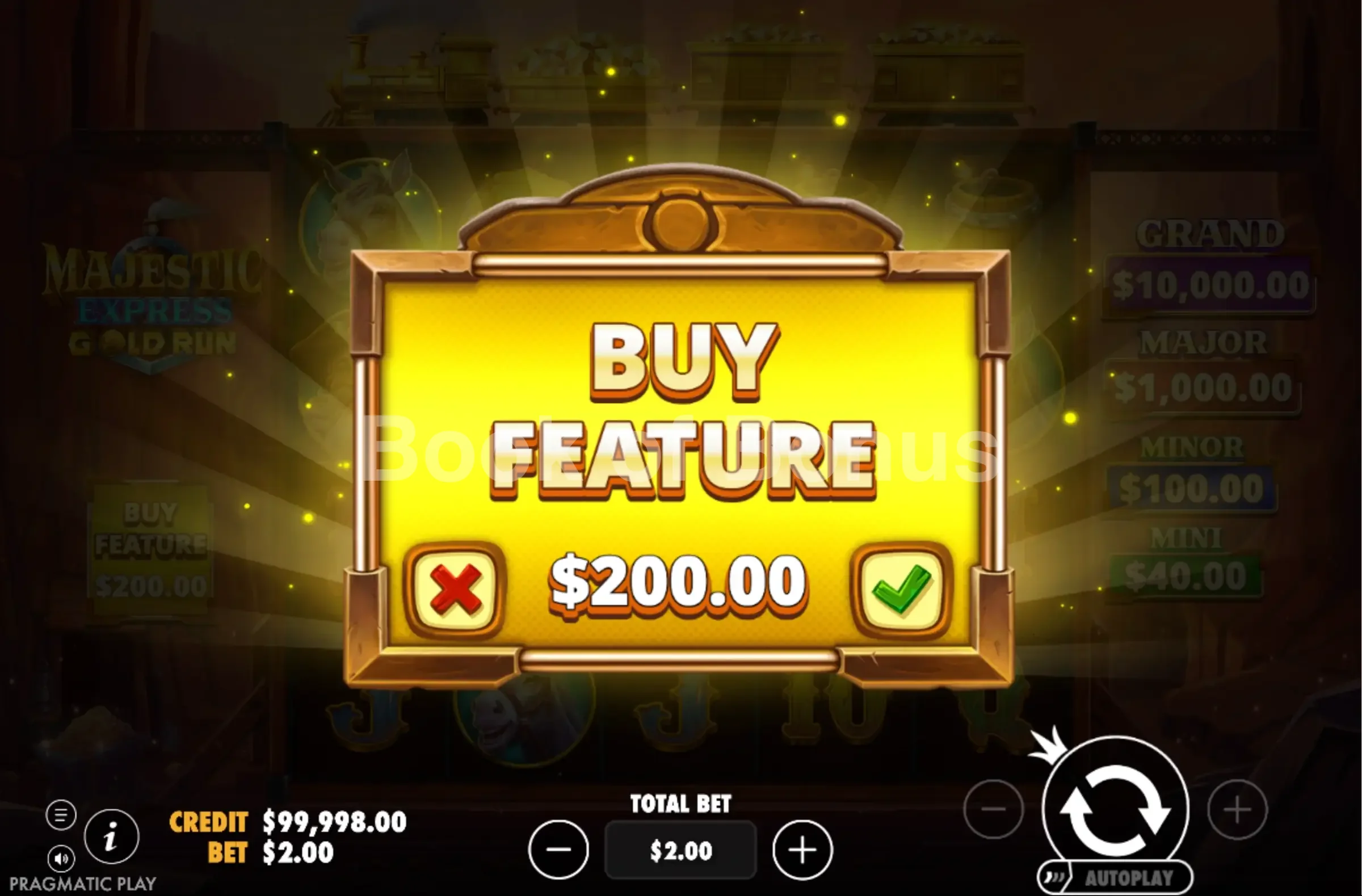 Majestic Express Gold Run par Pragmatic Play - menu d'achat de bonus et options