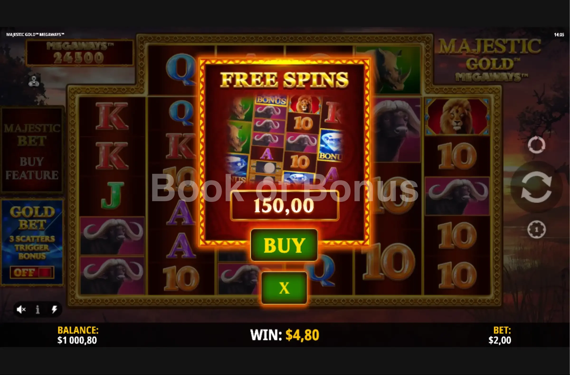 Majestic Gold Megaways par iSoftBet - menu d'achat de bonus et options