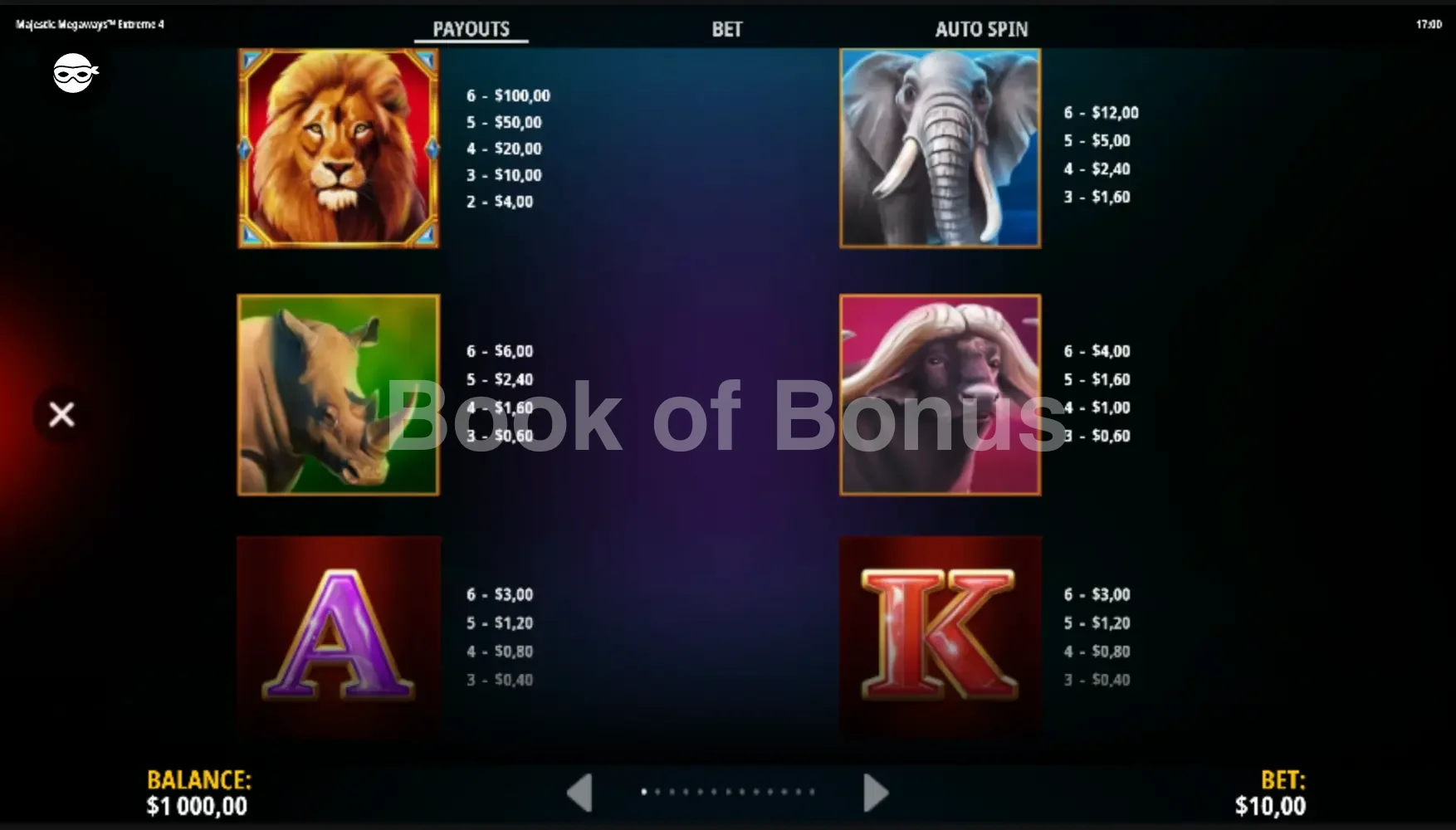 Majestic Megaways Extreme 4 par iSoftBet - table des gains et valeurs des symboles