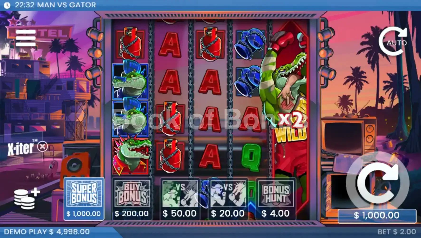 Man vs Gator par ELK Studios - menu d'achat de bonus et options