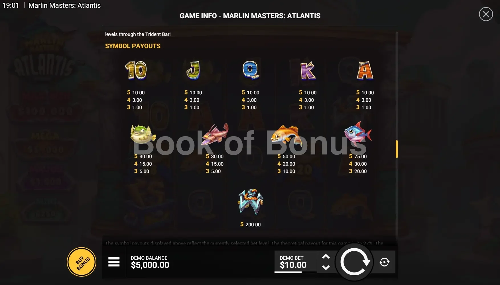 Table des gains Marlin Masters Atlantis