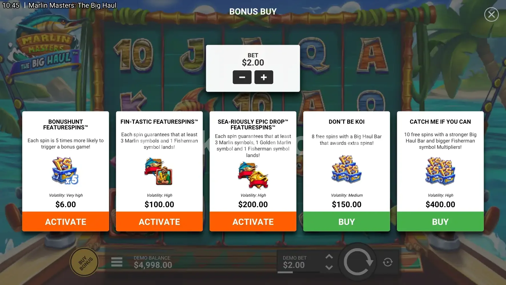 Marlin Masters The Big Haul par Hacksaw Gaming - menu d'achat de bonus et options