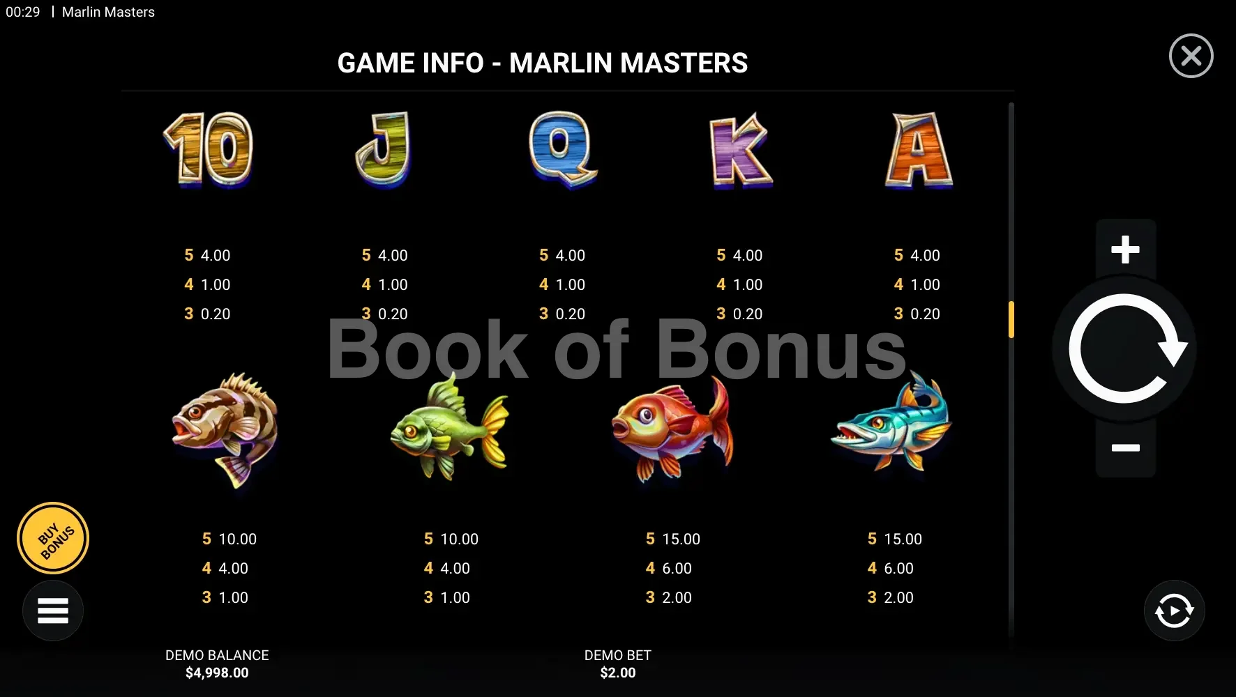 Marlin Masters par Hacksaw Gaming - table des gains et valeurs des symboles