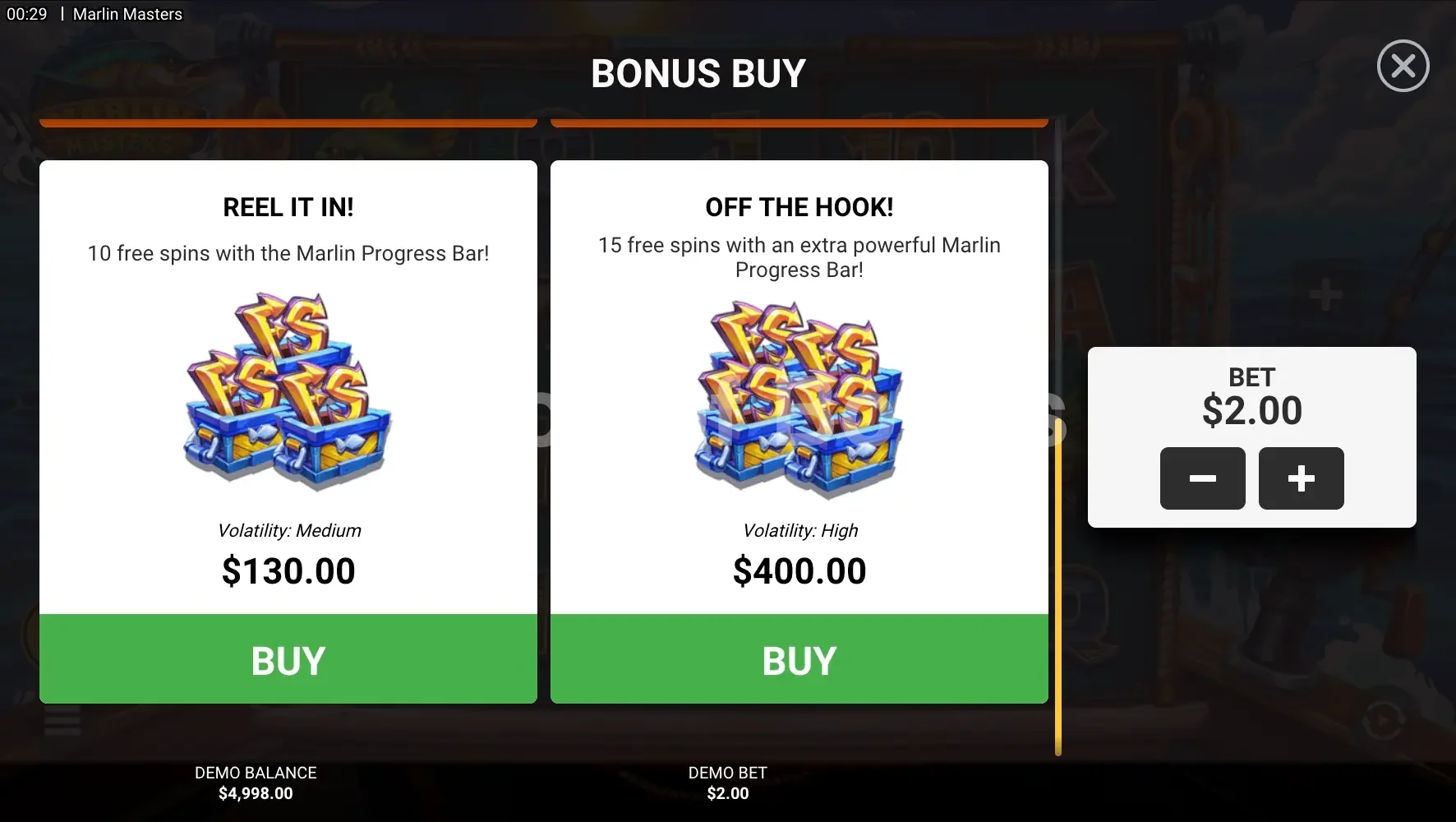 Marlin Masters par Hacksaw Gaming - menu d'achat de bonus et options