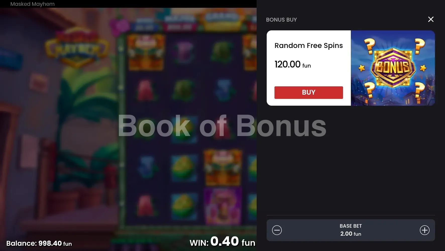 Masked Mayhem par Push Gaming - menu d'achat de bonus et options
