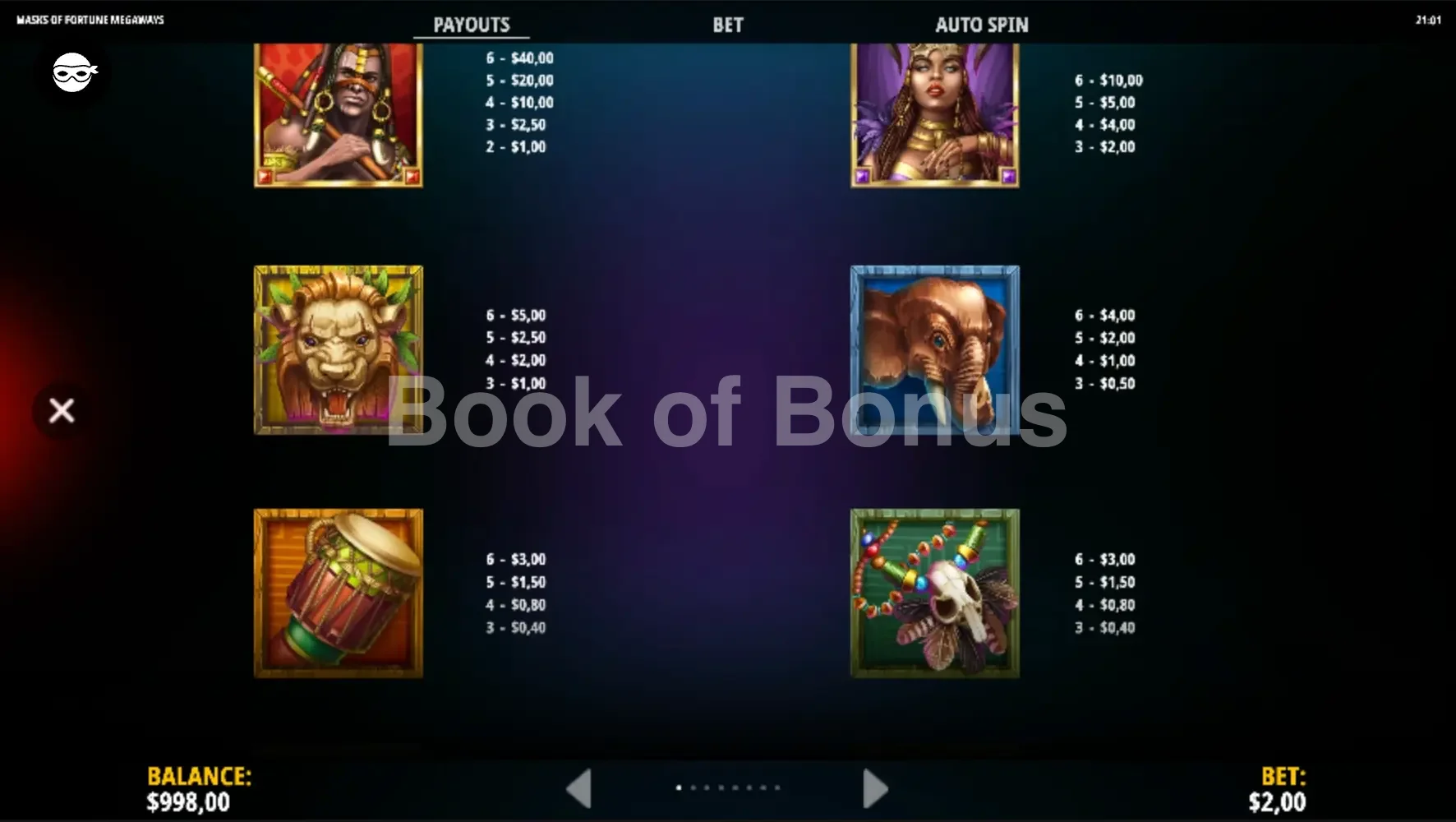 Tableau des gains Masks of Fortune Megaways