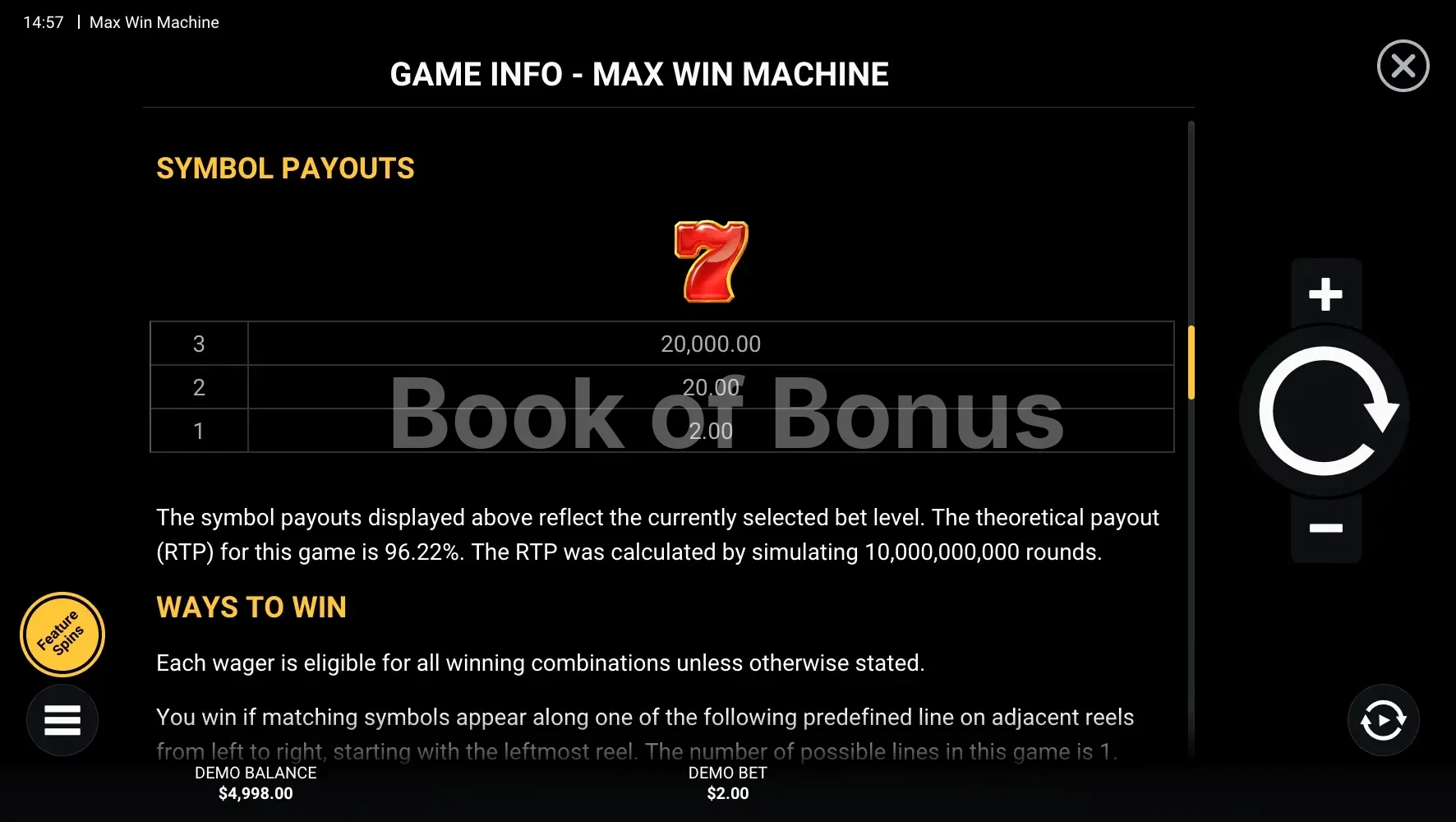Tableau des gains Max Win Machine