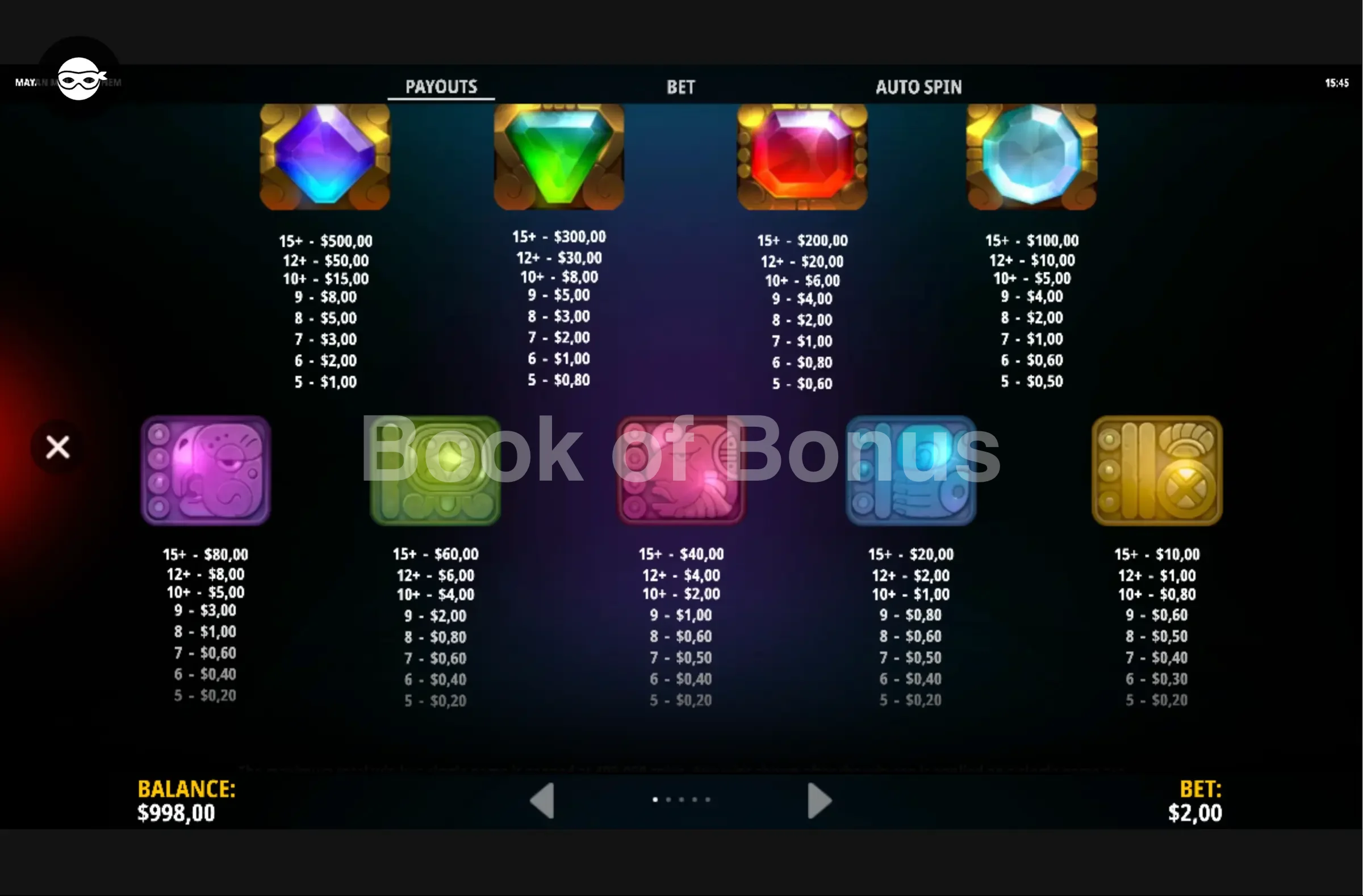 Mayan Multi Mayhem par iSoftBet - table des gains et valeurs des symboles