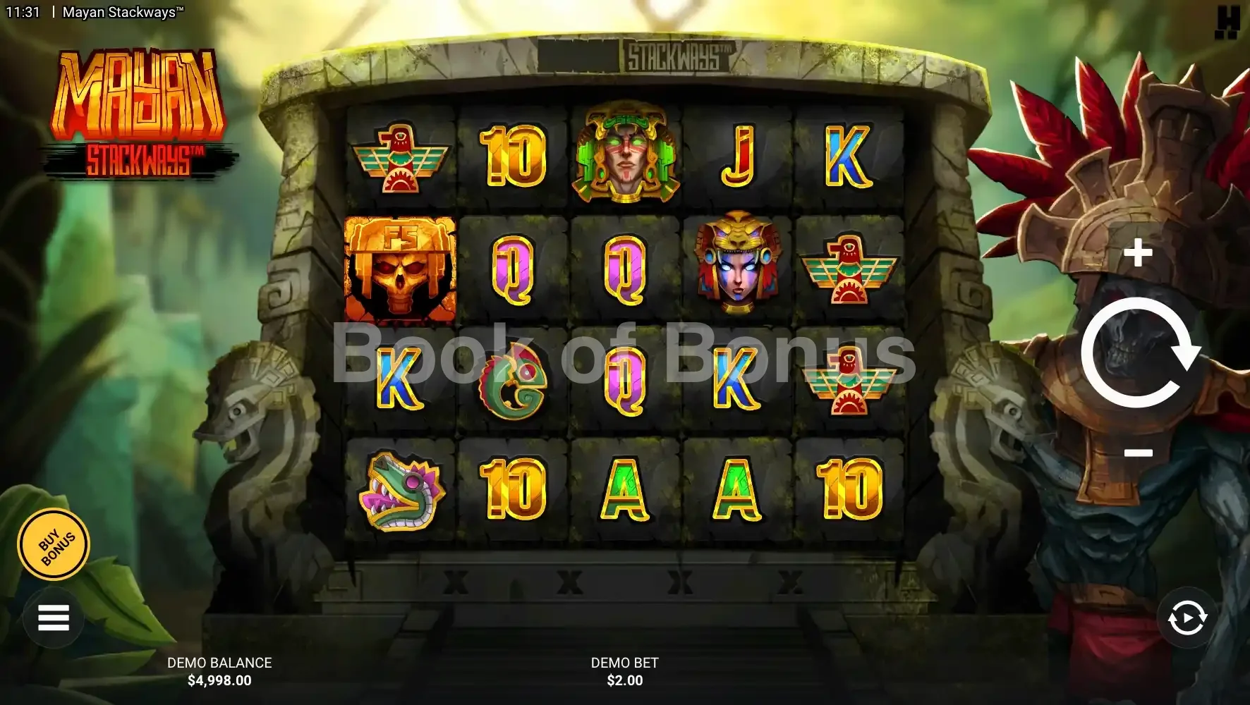 Mayan Stackways par Hacksaw Gaming - jeu de base et disposition des rouleaux