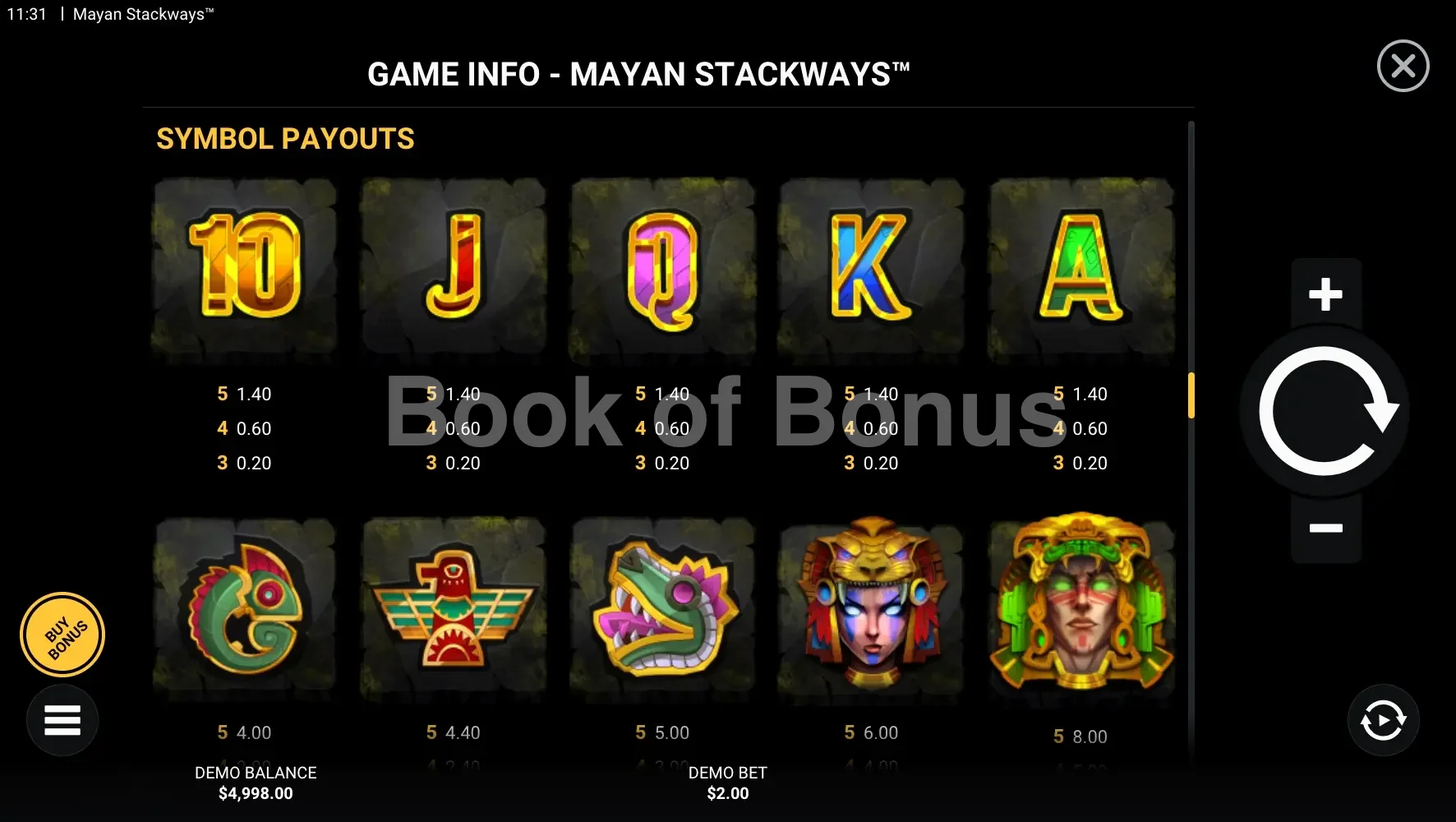 Mayan Stackways par Hacksaw Gaming - table des gains et valeurs des symboles