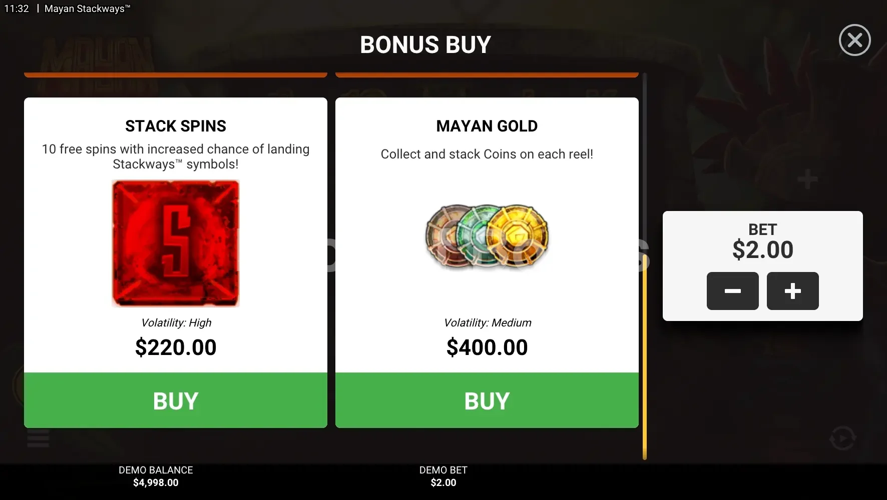 Mayan Stackways par Hacksaw Gaming - menu d'achat de bonus et options