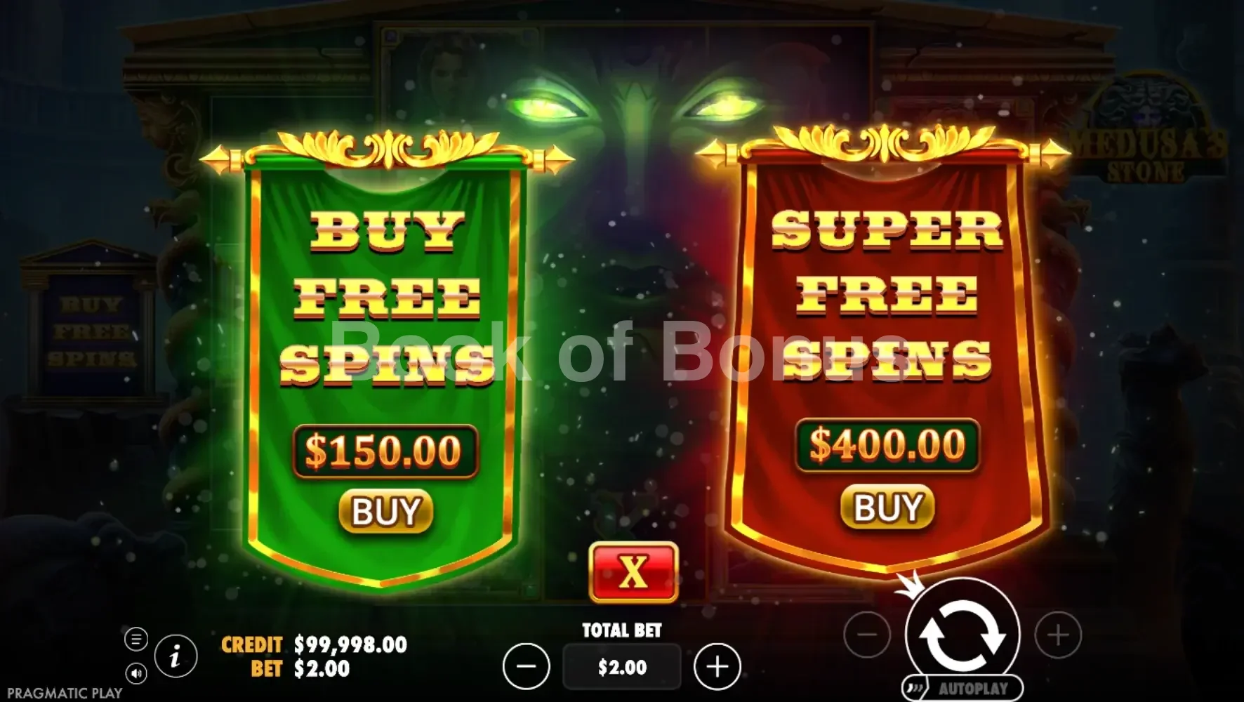 Medusa's Stone par Pragmatic Play - menu d'achat de bonus et options