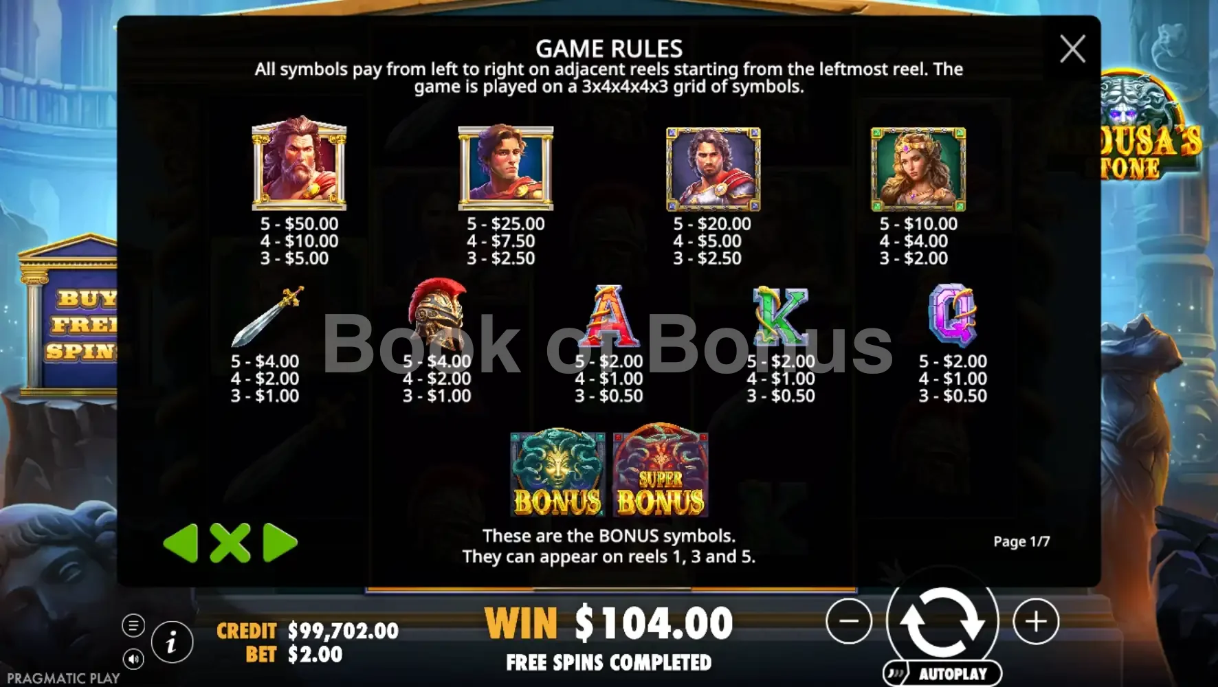 Medusa's Stone par Pragmatic Play - table des gains et valeurs des symboles