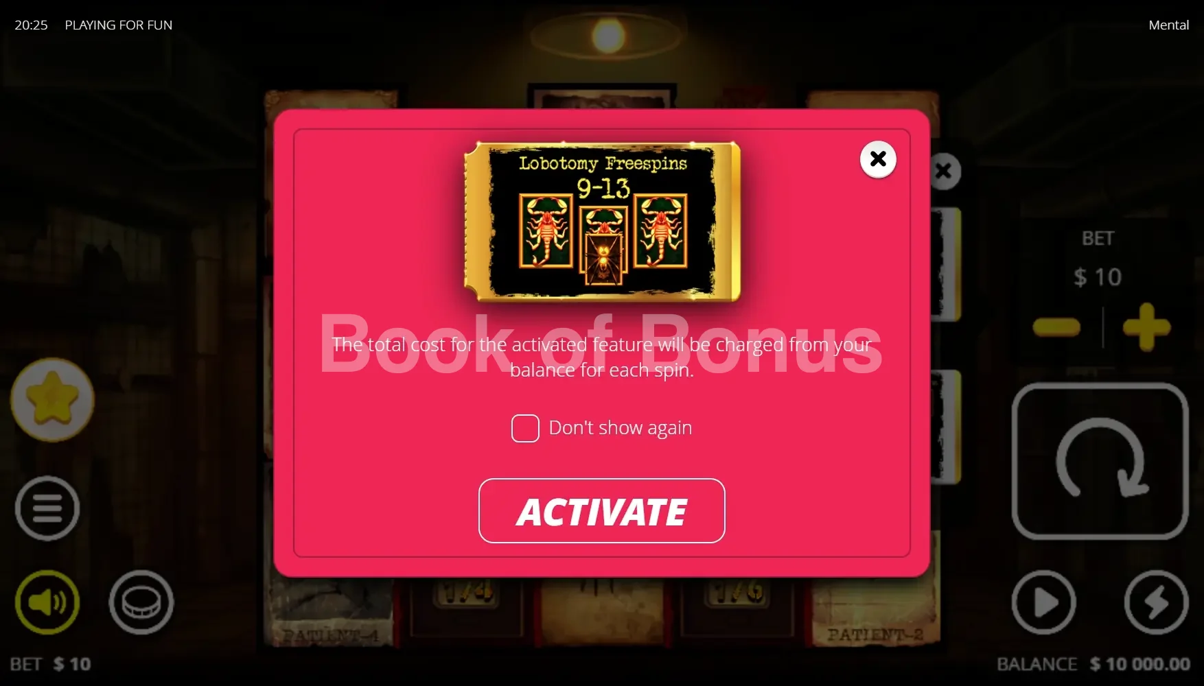 Mental par Nolimit City - menu d'achat de bonus et options