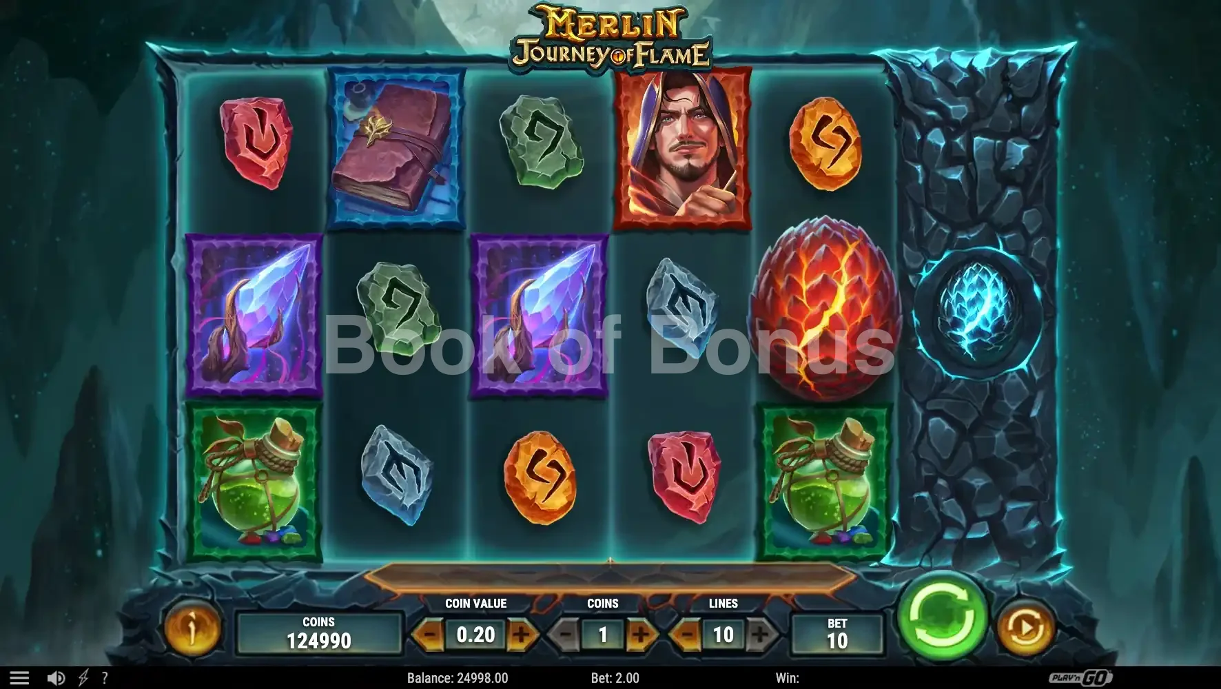 Merlin Journey of Flame par Play'n GO - jeu de base et disposition des rouleaux