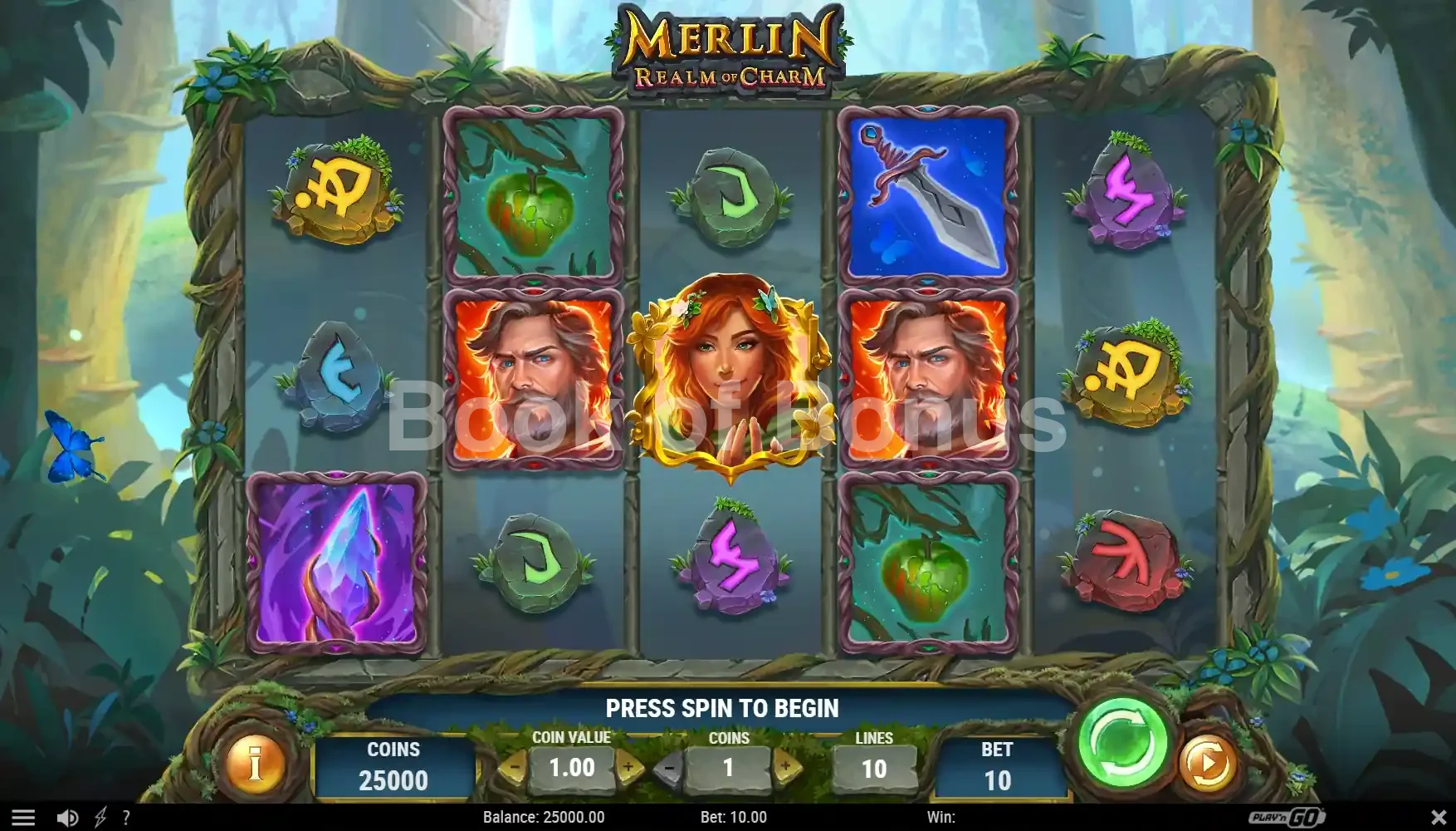Merlin Realm of Charm par Play'n GO - jeu de base et disposition des rouleaux