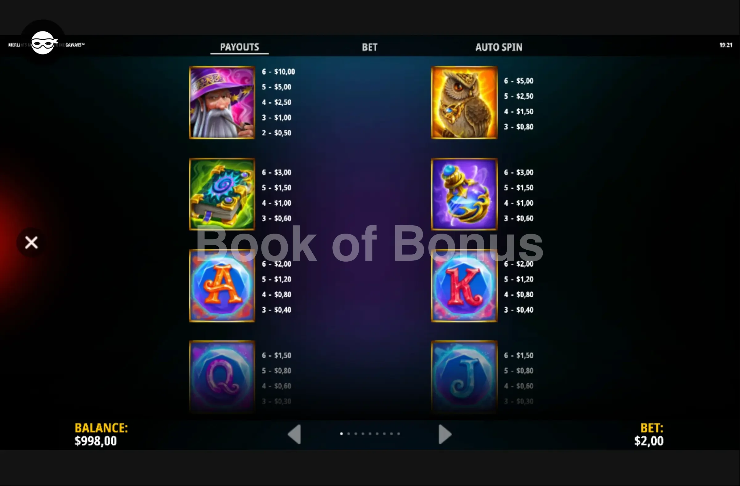 Merlin’s Magic Mirror Megaways par iSoftBet - table des gains et valeurs des symboles