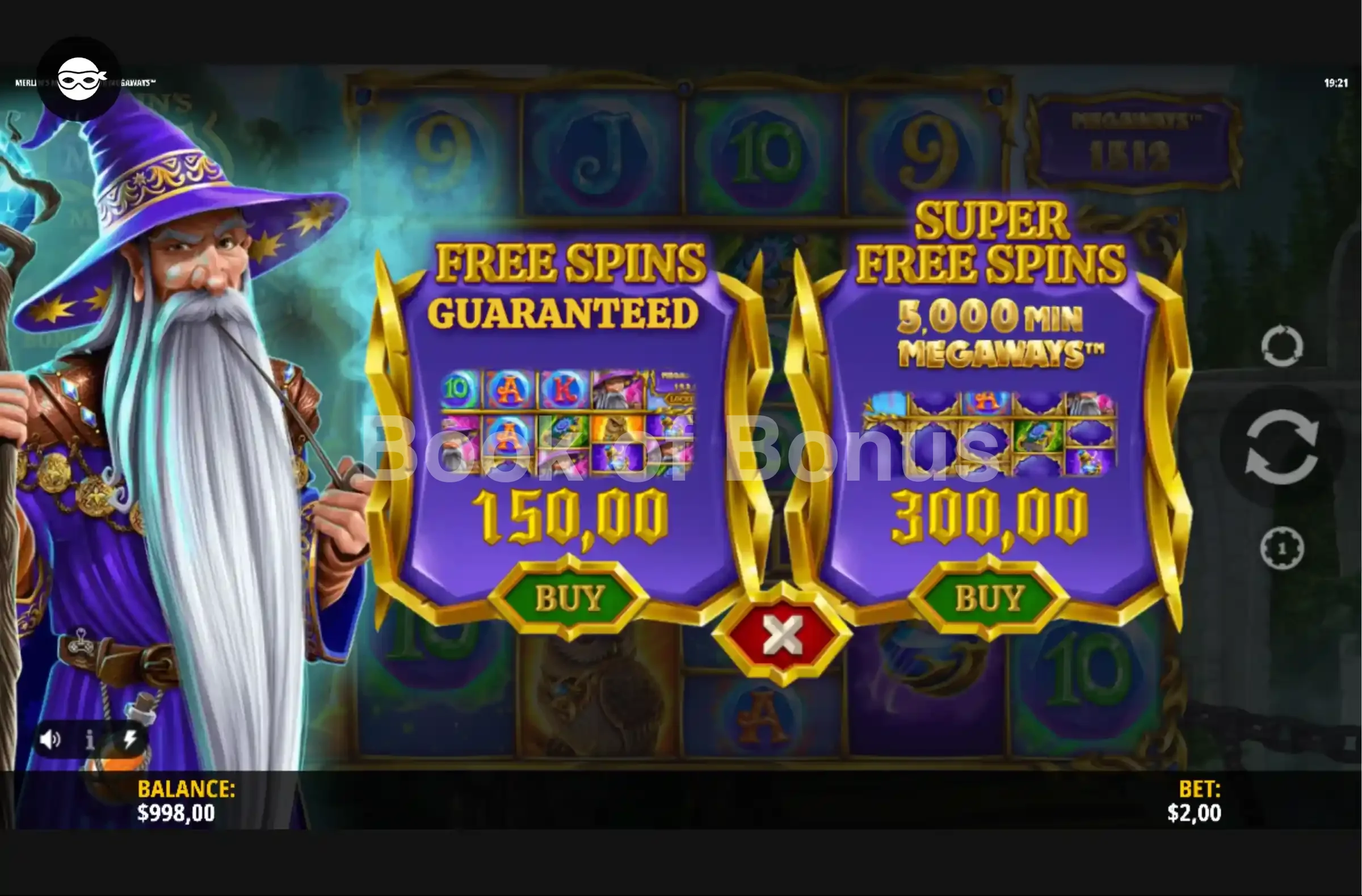 Merlin’s Magic Mirror Megaways par iSoftBet - menu d'achat de bonus et options